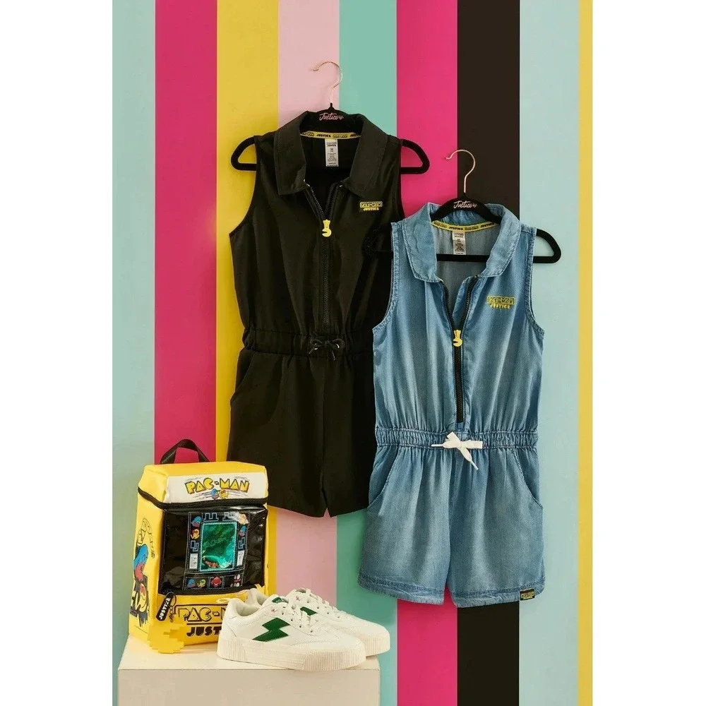 Justice Girls Black Pac Man‎ Zip Up Romper Jumpsuit Size L (12/14) /#2692